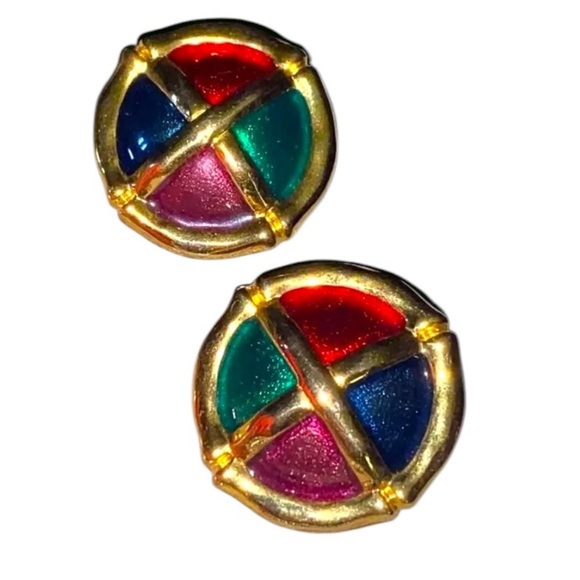 Vintage Enamel Gold Tone Round Clip On Earrings - Picture 3 of 4